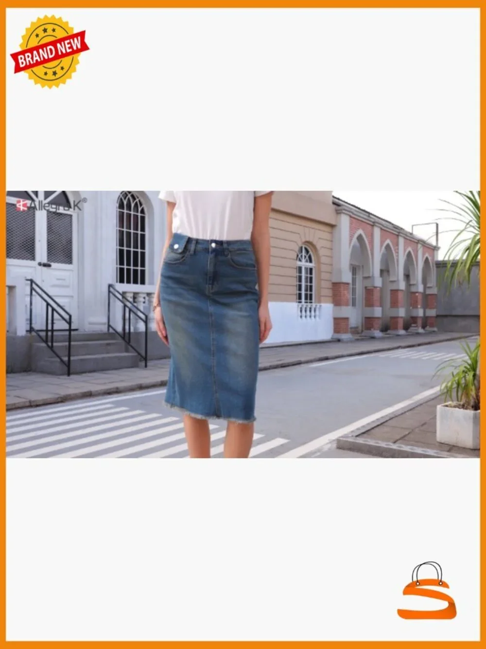 High Waist Denim Midi Skirt Back Slit Raw Hem Stretch Casual